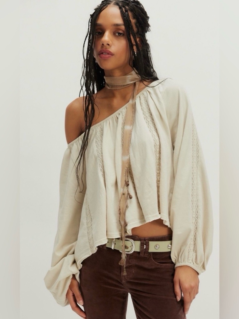 Free People Marla Cream Knit One-Shoulder Top with Lace Trim Size Large NWT